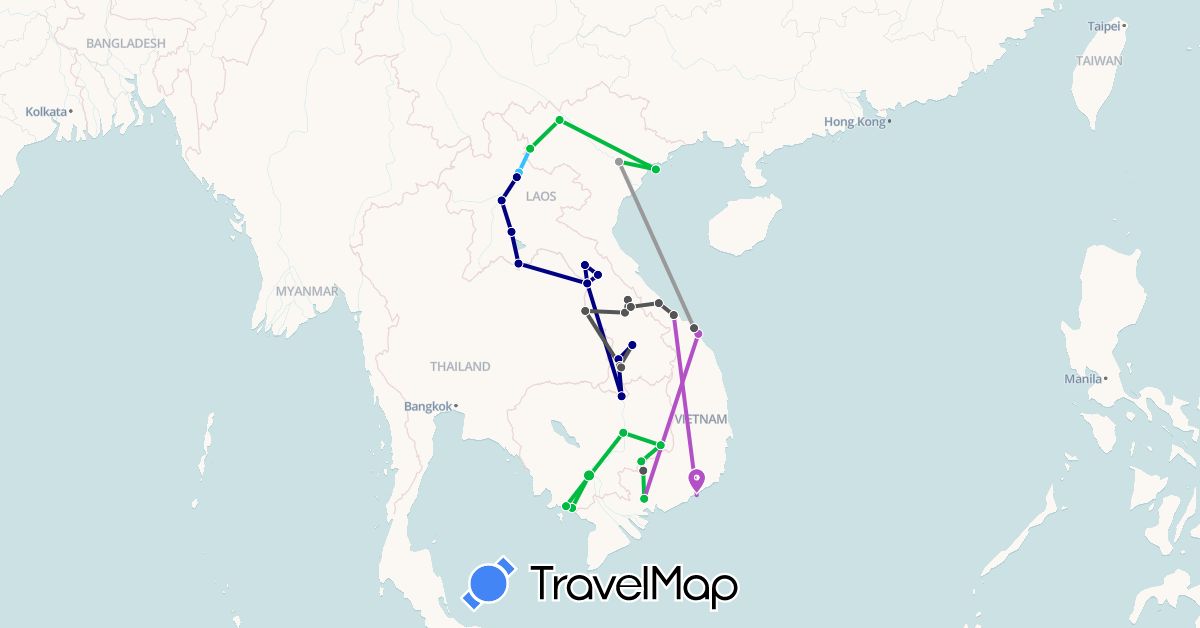 TravelMap itinerary: driving, bus, plane, train, boat, motorbike in Cambodia, Laos, Vietnam (Asia)