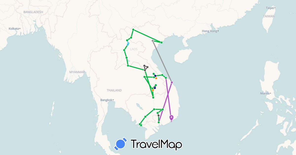 TravelMap itinerary: driving, bus, plane, train, boat, hitchhiking, motorbike in Cambodia, Laos, Vietnam (Asia)